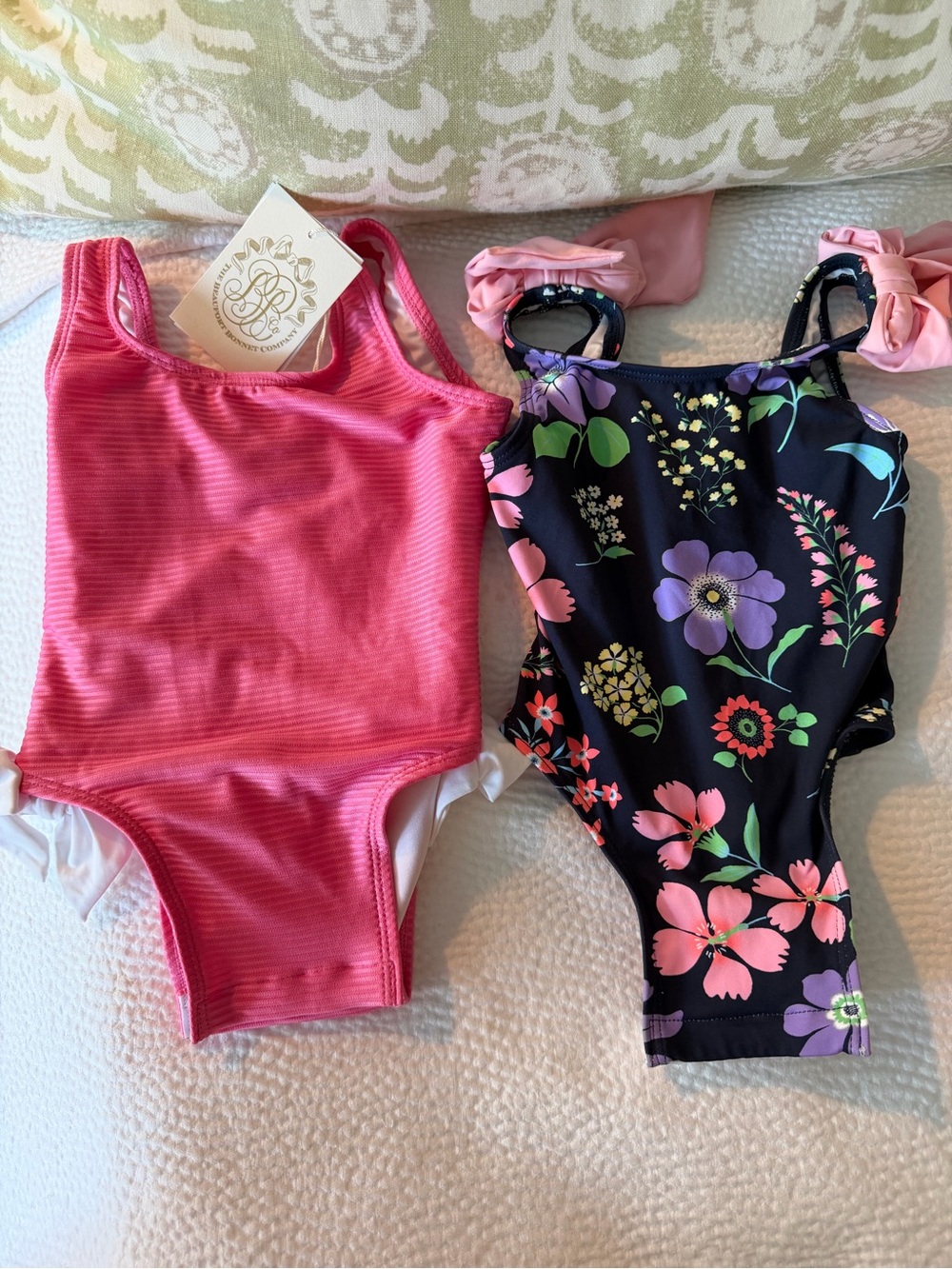 The Beaufort Bonnet Company Girls One-Piece Swimsuits - Pink & Floral Navy